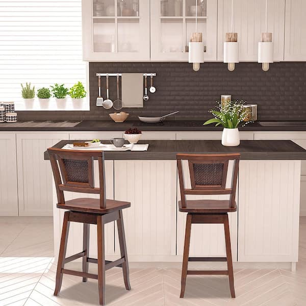 39 in. Brown Wood Low Back Swivel Bar Stool Rubber Wood Pub Chairs With Rattan Back Set of 2
