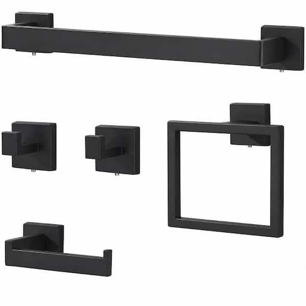 5-Piece Matte Black Stainless Steel Bathroom Hardware Accessories Set with 16 Inch Towel Bar Wall Mounted