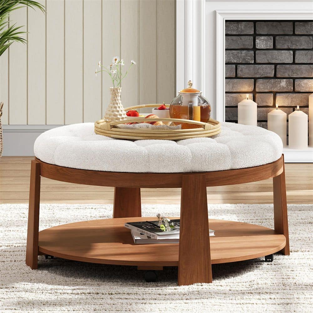 Polibi 36 in. Ivory White Round Wood Coffee Table with Upholstered Finish and 2-Tier Storage, image size:1000x1000