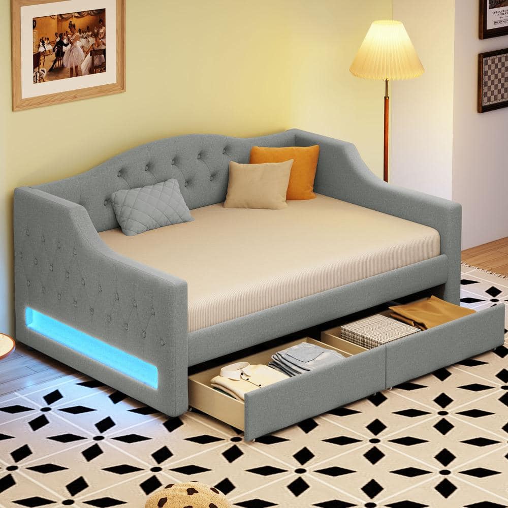 Gray Wood Twin XL Size Upholstered Daybed with LED Belt and 2 Drawers