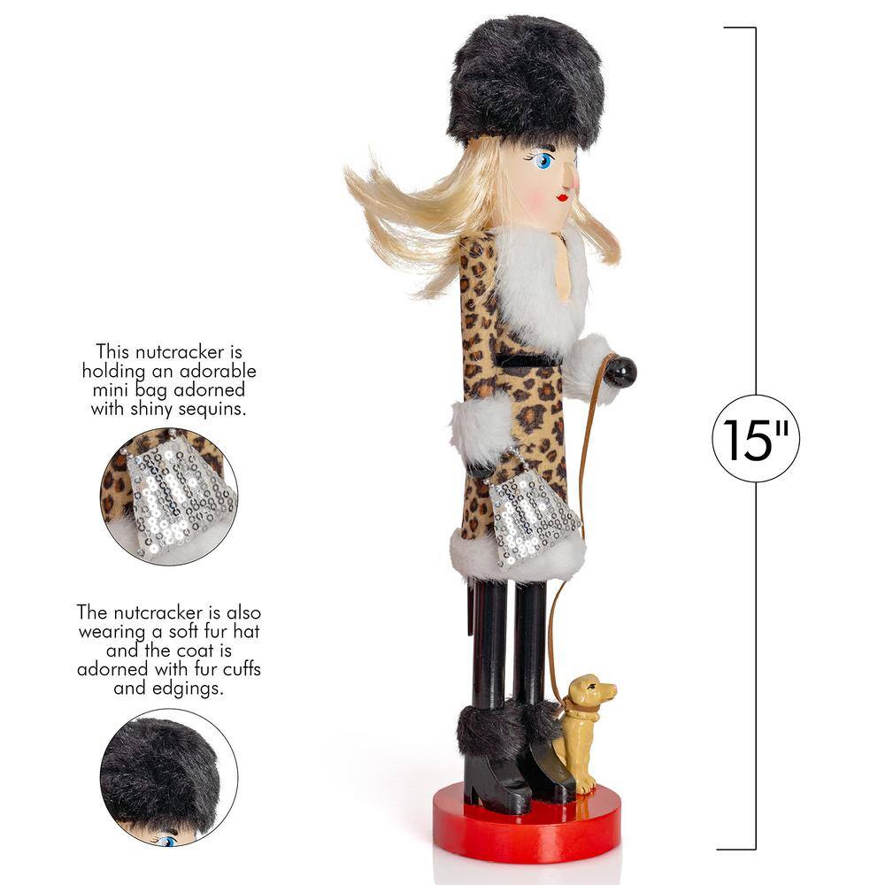 15" Leopard Print and Fur Christmas Nutcracker with Puppy