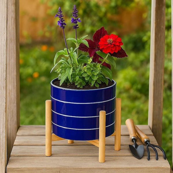 Liv & Skye Navy Ceramic Striped Planter (8 in. W x 6 in. H) with