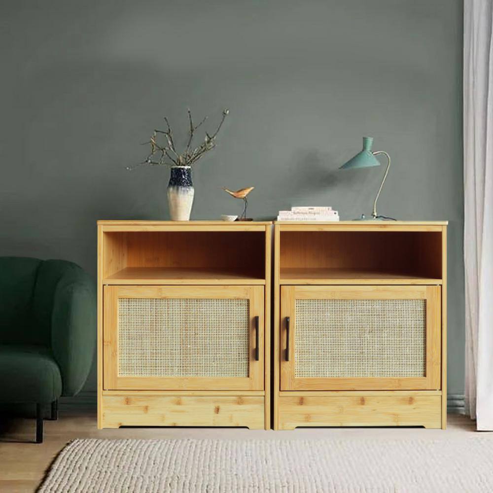 VEIKOUS Yellow Bamboo 17.7 in. W Nightstand with Rattan Doors and Storage Cube (Set of 2) HP0201