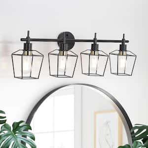 Farmhouse 32.28 in. 4-Light Black Bathroom Vanity Light with Wire Cage