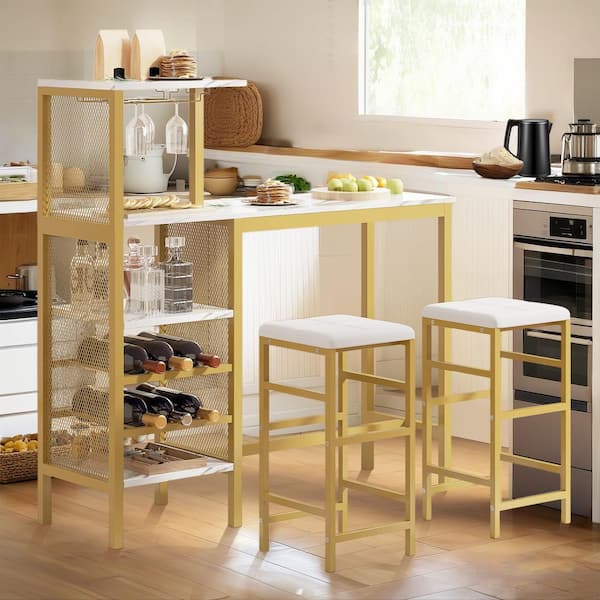 3-Piece Bar Table and Chairs Set for 2 with Storage Shelves, Wine Rack and Cup Holder, Gold Dining Table Set Dining Set