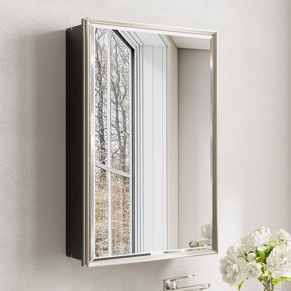 Musey 16 in W x 24 in H Brush Nickel Rectangular Aluminum Medicine Cabinet with Beveled Mirror, Recessed or Surface price history on PriceWatchPro