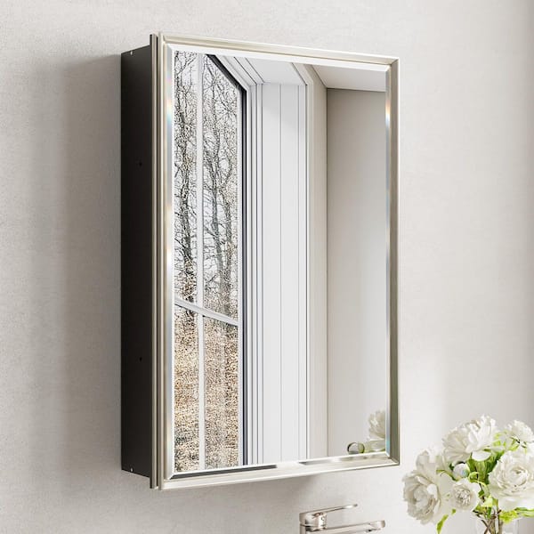 Musey 16 in W x 24 in H Brush Nickel Rectangular Aluminum Medicine Cabinet with Beveled Mirror, Recessed or Surface