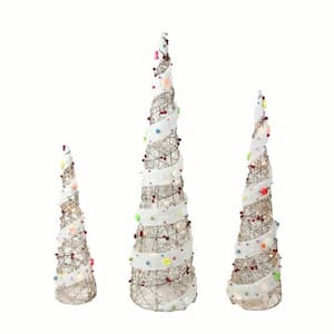 39.25 in. Christmas Outdoor Decorations Lighted Champagne Gold Rattan Candy Covered Cone Tree (3-Pack)