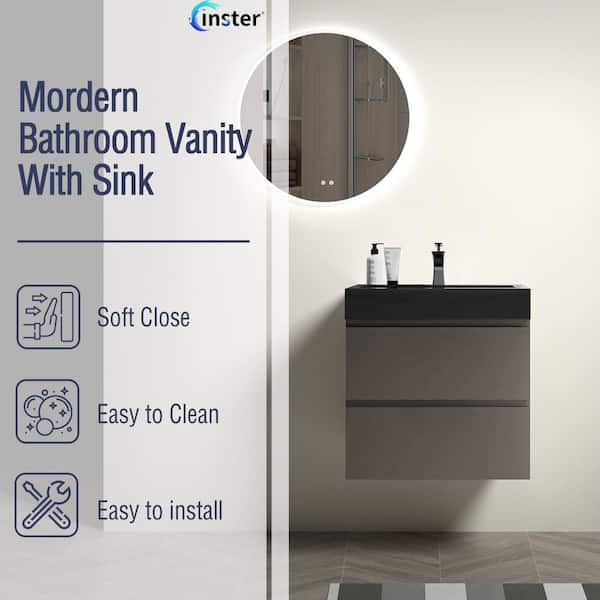 NOBLE 24 in. W x 18 in. D x 25 in. H Single Sink Floating Bath Vanity in Gray with Black Solid Surface Integral Top