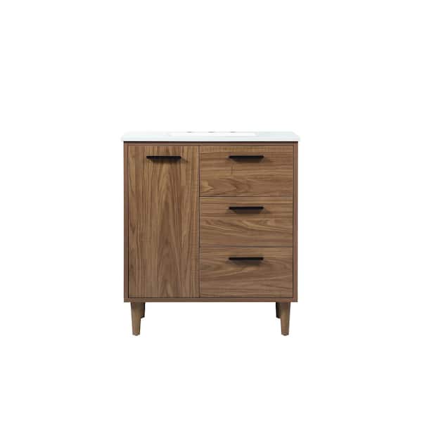 Unbranded Timeless Home 30 in. W x 19 in. D x 34 in. H Bath Vanity in Walnut Brown with Ivory White Engineered Stone Top