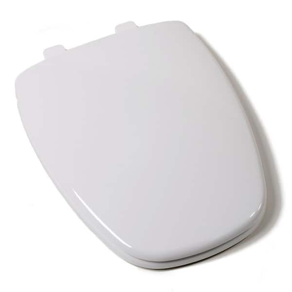 JONES STEPHENS Plastic Elongated Closed Front Toilet Seat fits Eljer New Emblem Design with Cover and Adjustable Hinge in White