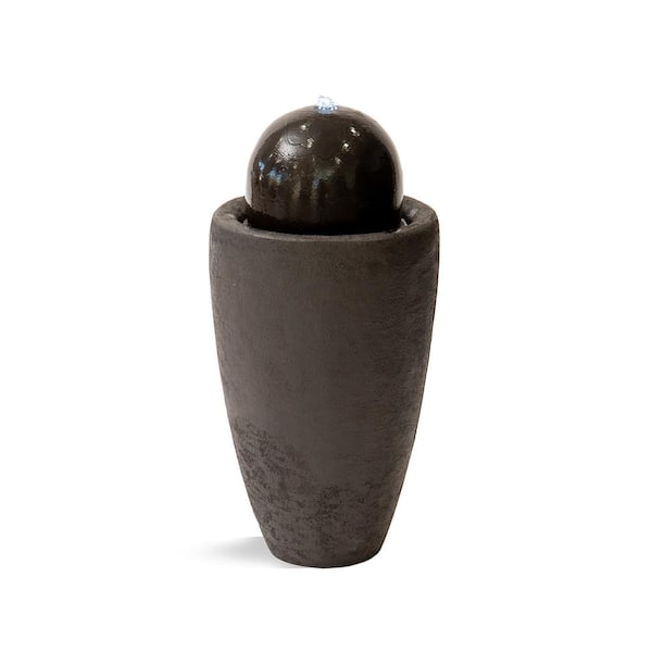 XBRAND 25.98 in. H Round Polyresin Waterfall Stone Textured Sphere Floor Fountain with LED Light, Garden Sphere Fountain, Brown