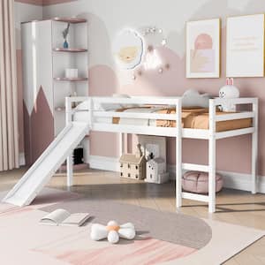 Wood Twin Loft Bed with Slide, Low Loft Bed Frame with Guard Rail and Ladder, No Box Spring Needed, White