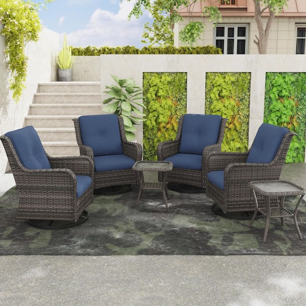 6-Piece Wicker Patio Conversation Set All-Weather Swivel Rocking Chairs Set with Blue Cushions and Side Table
