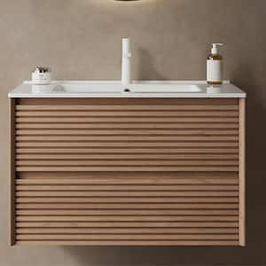 29.92 in. W x 18.31 in. D x 20.4 in. H Single Sink Wall-Mounted Bath Vanity in Walnut with White Ceramic Top