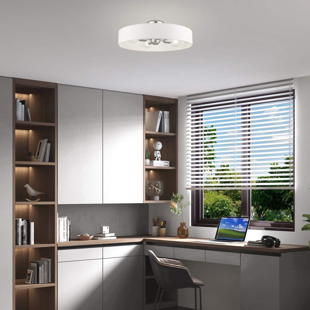 Sophisticated Brushed Nickel 4-Light Indoor/Outdoor Drum Pendant with Off-White Fabric Shade