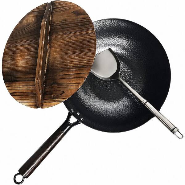 12.5 Inch Carbon Steel Flat Bottom Wok with Lid and Spatula for Electric, Induction and Gas Stoves