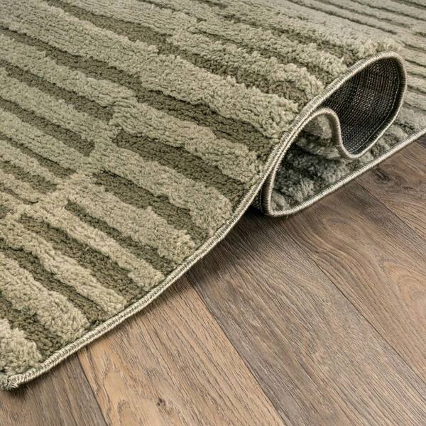 Horizontal Dash Texture Power Loomed Soft Shag High-Low Indoor 2 ft. x 12 ft. Green Area Rug