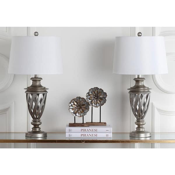 Byron 28.5 in. Antique Silver Urn Table Lamp with White Shade (Set of 2)