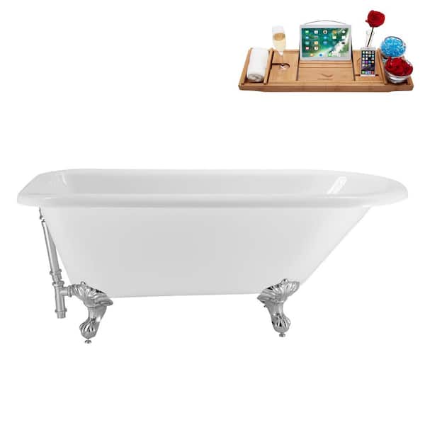 Streamline 62 in. x 29 in. Acrylic Clawfoot Soaking Bathtub in Glossy White with Polished Chrome Drain, Polished Chrome Clawfeet