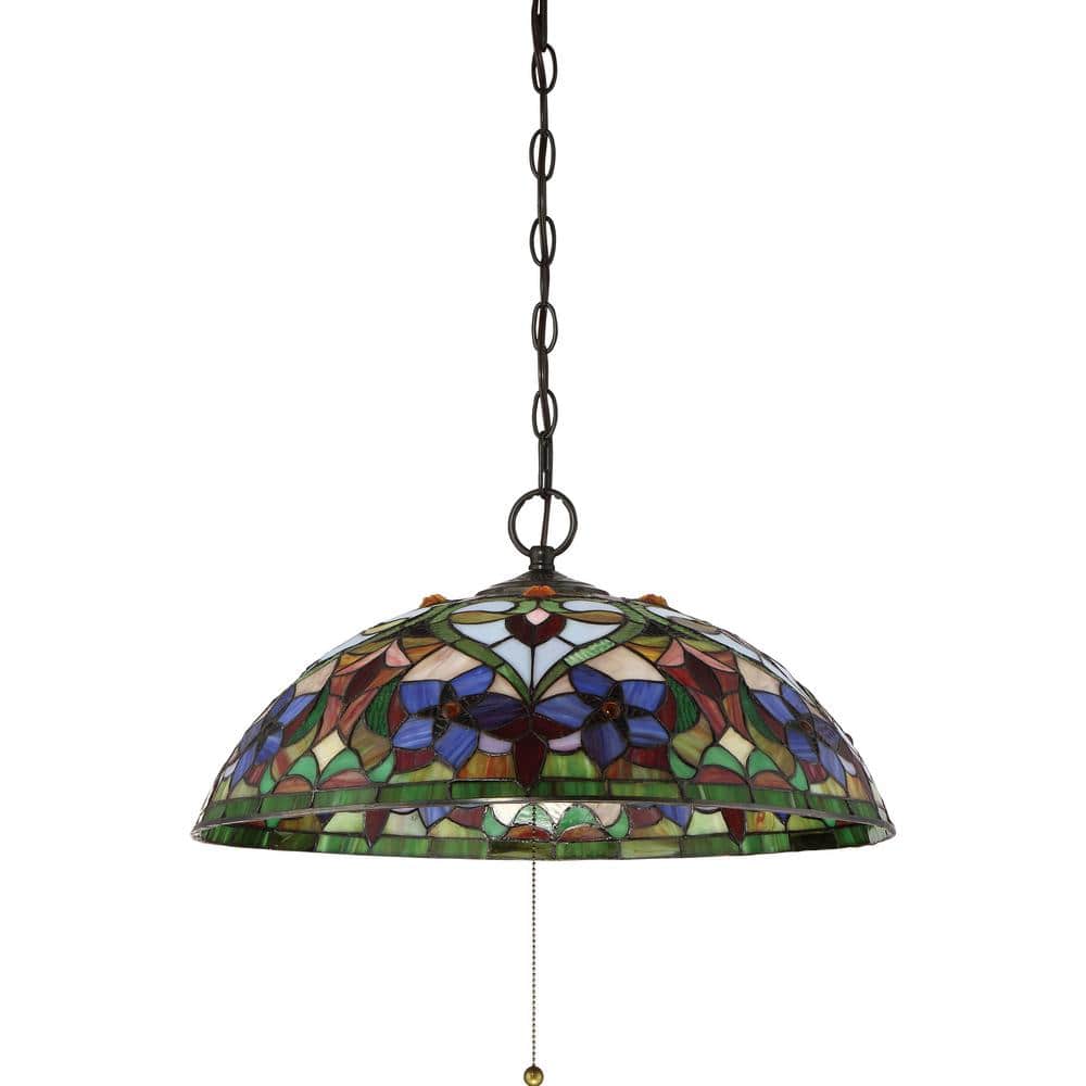 Violets 20" Multicolor Tiffany Glass Vintage Bronze Pendant Light