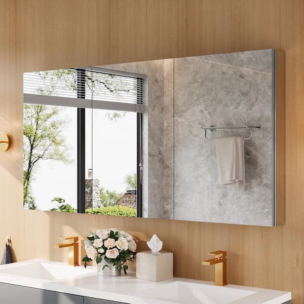 60 in. W x 30 in. H Dual Swing Rectangle Copper Free Aluminum Medicine Cabinet with Mirror, Adjustable Glass Shelves