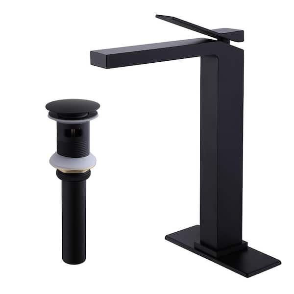 AIMADI Single Handle Bathroom Vessel Sink Faucet with Drain Assembly Single Hole Brass High Tall Bathroom Faucet in Matte Black