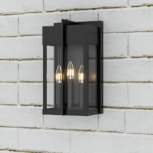 Montpelier Black 3-Light Outdoor Hardwired Water Glass Wall Lantern Sconce with Dusk to Dawn