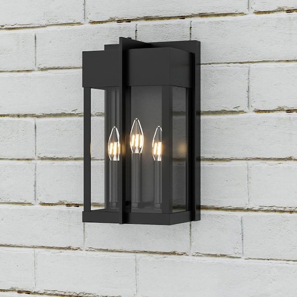 Maxax Montpelier Black 3-Light Outdoor Hardwired Water Glass Wall Lantern Sconce with Dusk to Dawn