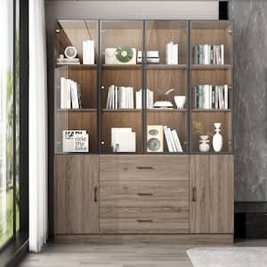 78.7 in. Tall Brown Wood 13-Shelf Standard Bookcase with Pop up Glass Doors, LED Lights, Drawers, Adjustable Shelves