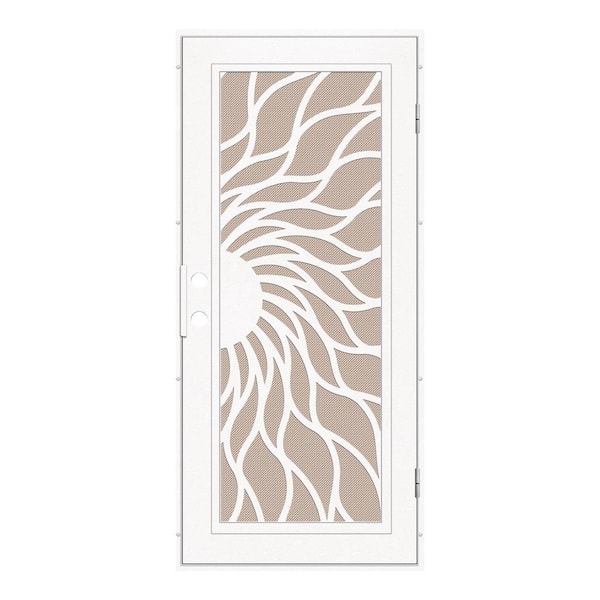 Unique Home Designs Sunfire 32 in. x 80 in. Left Hand/Outswing White Aluminum Security Door with Desert Sand Perforated Metal Screen