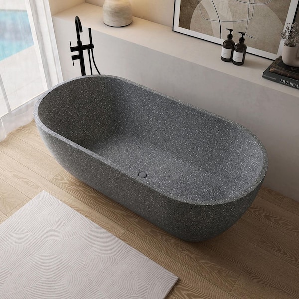 63 in. x 30.7 in. Freestanding Soaking Bathtub with Center Drain in Gray