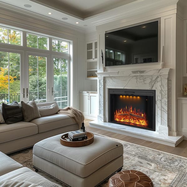 Delandgrand 35.6 in. Electric Fireplace Inserts, 3-Flames and Top Light Colors, Fire Crackling Sound, Glass Door, Mesh Screen, Black