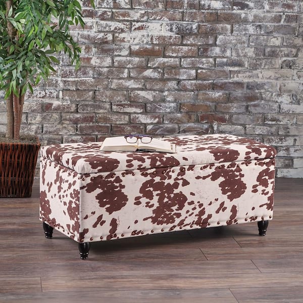Tatiana Modern Brown and White Polyester Upholstered Rectangle Storage Ottoman Bedroom Bench with Studs