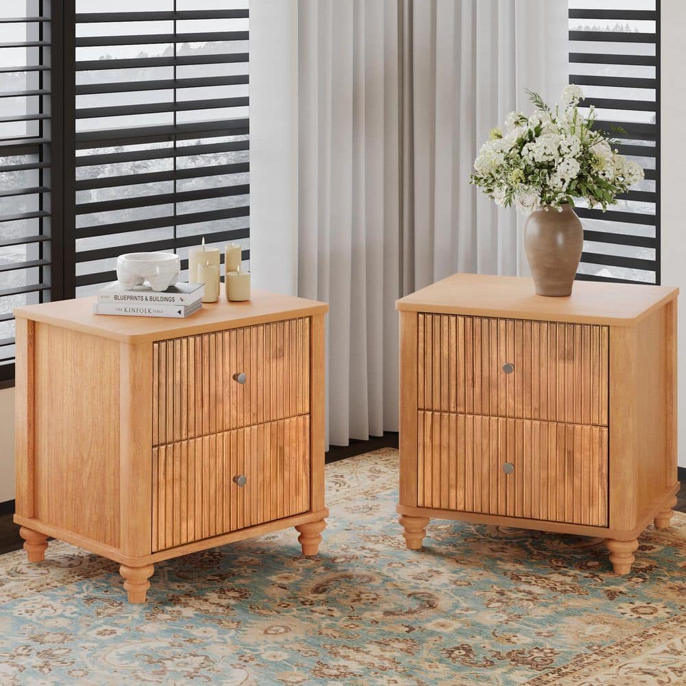 Ysmar Modern 21.65 in. Natural 3 Drawers Wood Fluted Nightstands Bedside Table Sofa End Table, Set of 2