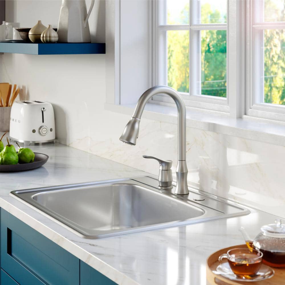 Karran 25" Satin Brushed Stainless Steel Single Bowl Kitchen Sink Kit