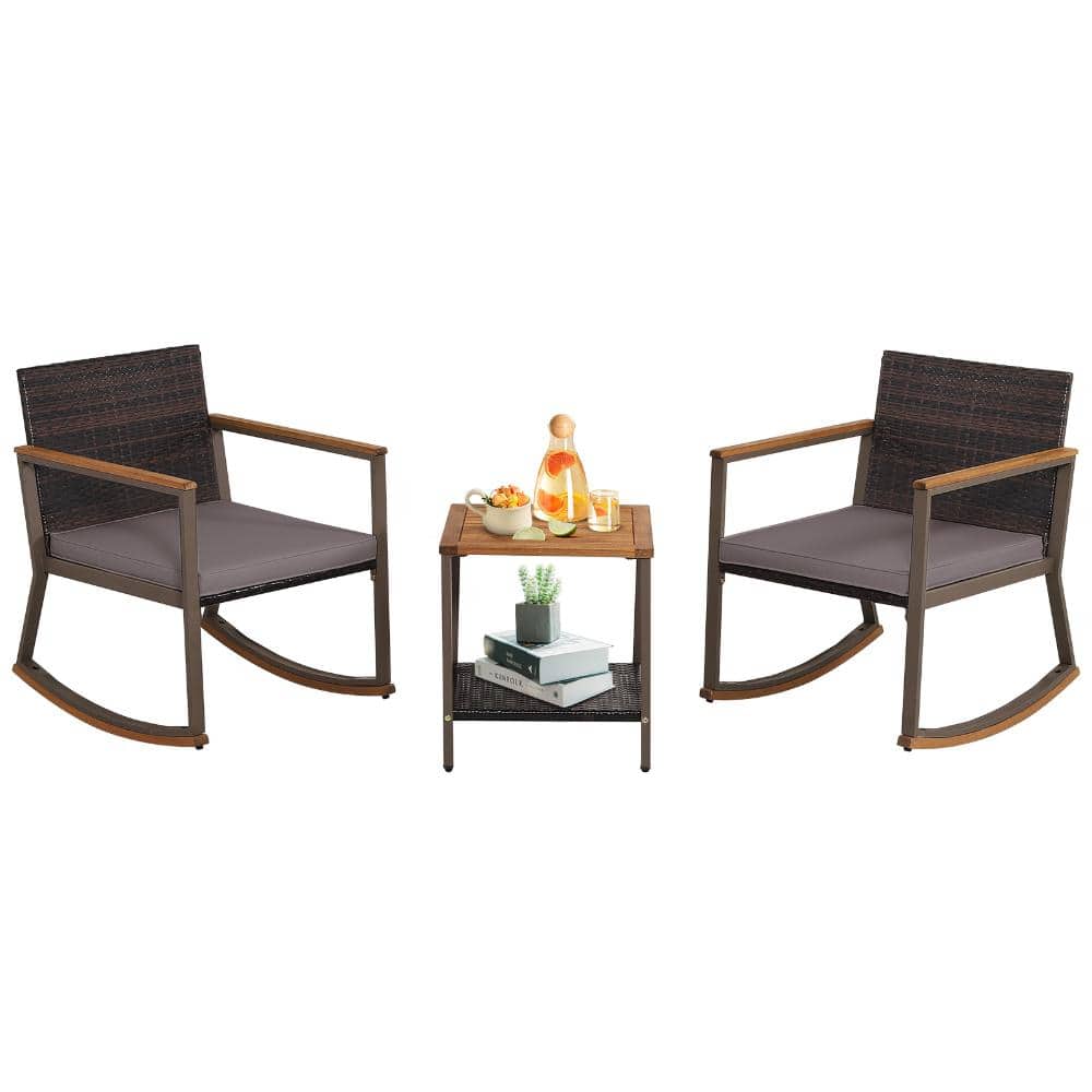 3-Piece PE Rattan Patio Rocking Bistro Set with Cushions and 2-Tier Coffee Table, Gray price history on PriceWatchPro