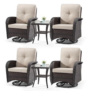 6-Piece Wicker Swivel Outdoor Rocking Chairs Patio Conversation Set with Beige Cushions