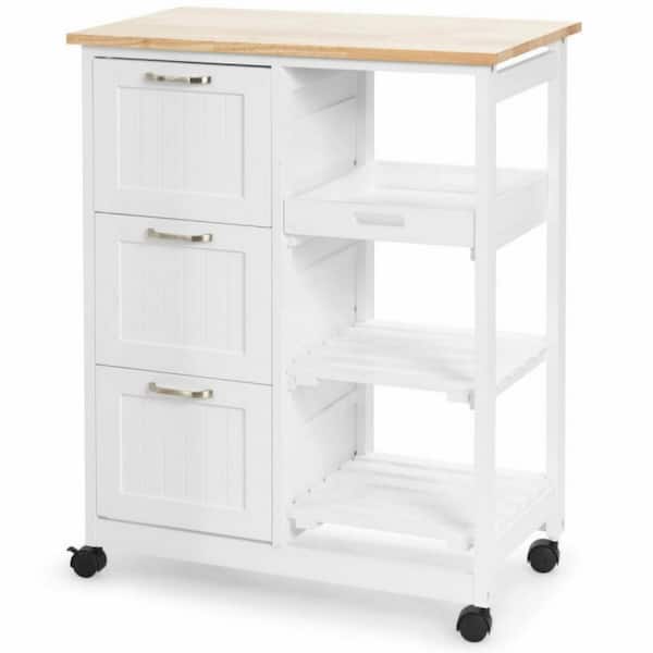 Bunpeony White Rolling Kitchen Cart with 3-Large Drawers and Wood Table Top