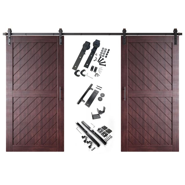 HOMACER XT1 36 in. x 80 in. C-Panel Red Mahogany Slanted Stripe Design Double Pine Wood Sliding Barn Door with Hardware Kit