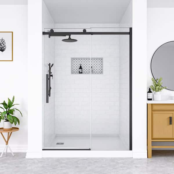 54 in. W x 74 in. H Single Sliding Frameless Shower Door in Matte Black with Soft Close System and Clear Tempered Glass