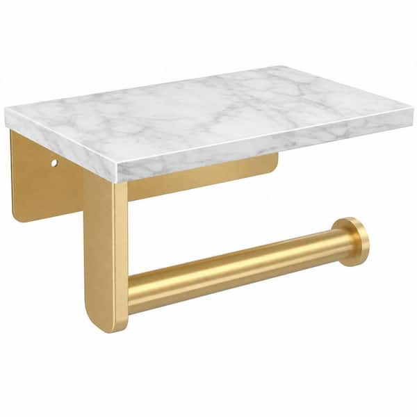 Wall Mount Toilet Paper Holder with Shelf for Bathroom, Marble Shelf and Stainless Steel Frame, Brushed Gold