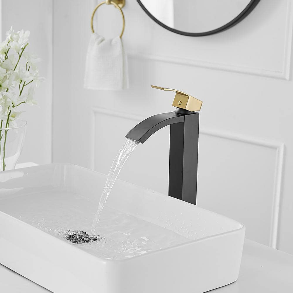 Gold and Black Waterfall Single Handle Vessel Sink Faucet