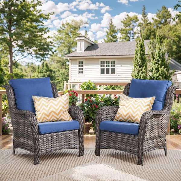 ArcoBay Metal and Gray Wicker Outdoor Lounge Chair with Olefin Blue Cushions (2-Pack)