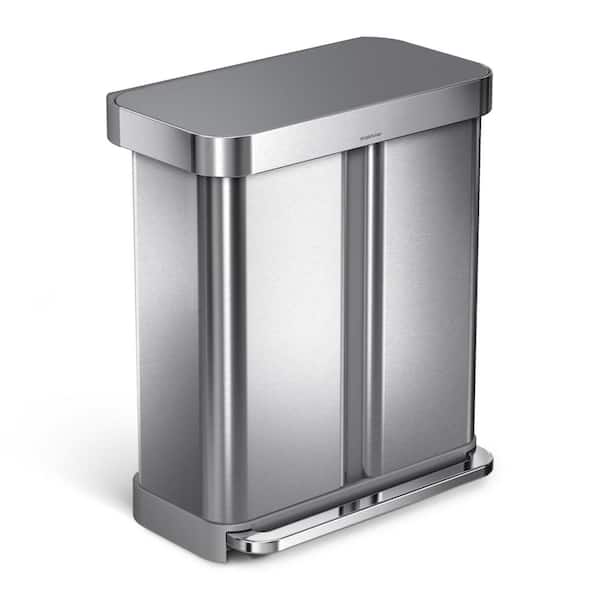 simplehuman 58 l Brushed Stainless Steel Dual Compartment Rectangular Recycling Step-On Trash Can with Plastic Lid
