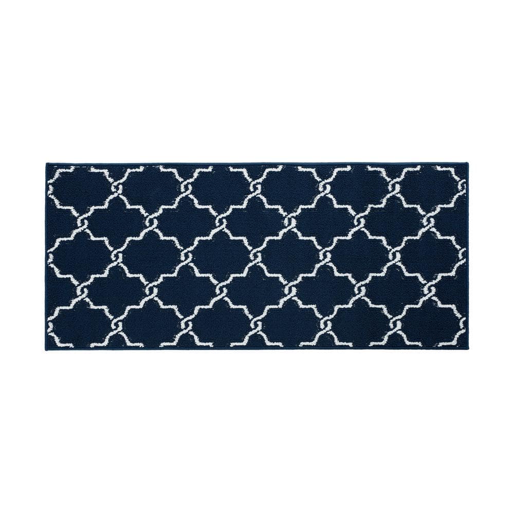 Washable Skid-Resistant Runner Rug  Geometric  Navy and White  26  x 60