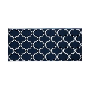 Washable Non-Skid Navy and White 26 in. x 60 in. Geometric Accent Rug