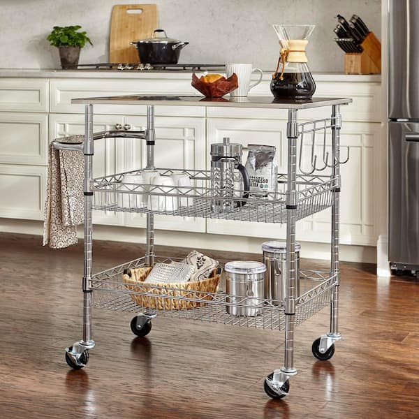StyleWell Gatefield Chrome Rolling Kitchen Cart with Stainless Top and Tiered Storage Shelves (36" W)