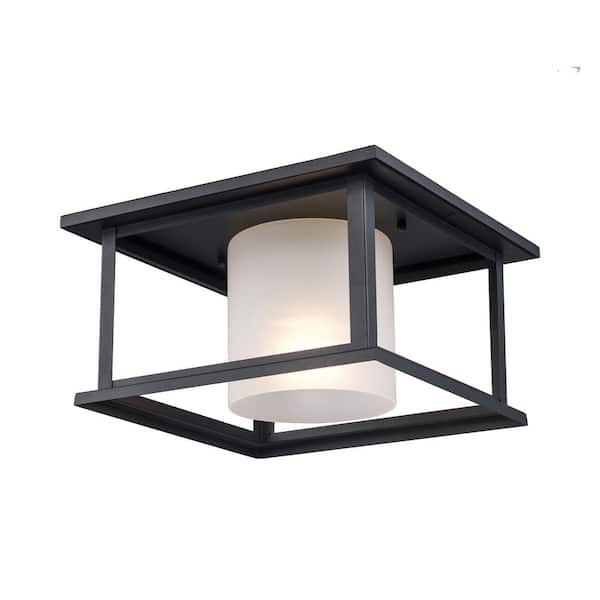 Bel Air Lighting Shaakar 1-Light Black Outdoor Flush Mount Ceiling Light Fixture with Frosted Glass