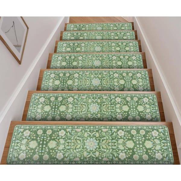 Green 8 in. x 30 in. Floral Stair Tread Cover (Set of 15)